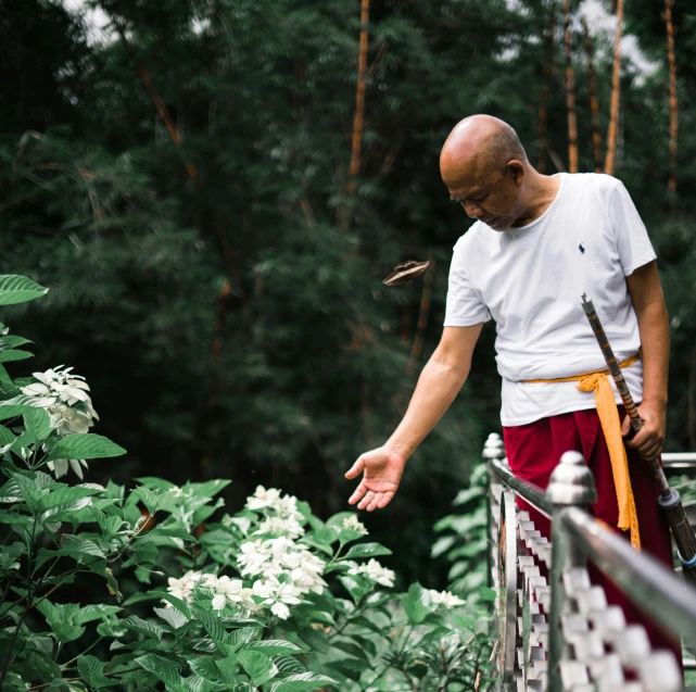 a bald man with no hair holding a sword on a bridge over plants