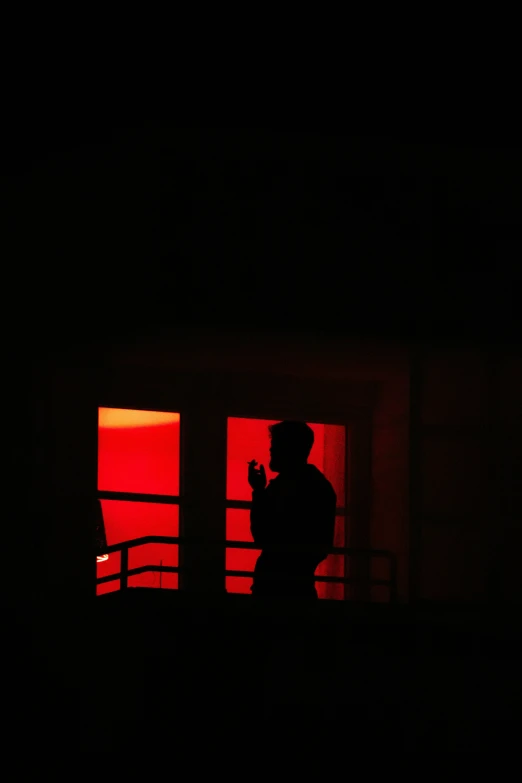 a person standing in the dark looking out of a window