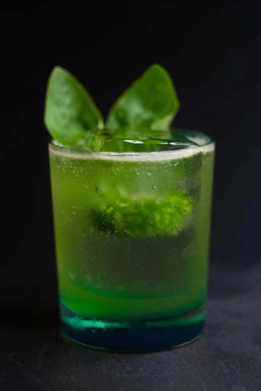 a green beverage with ice and a leaf on top