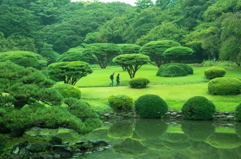 there are people standing near the pond in this garden