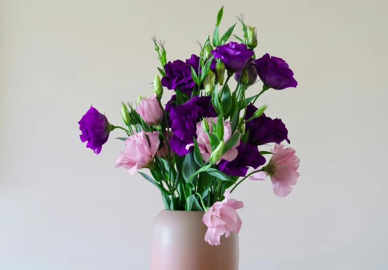 a pink vase with many purple flowers in it