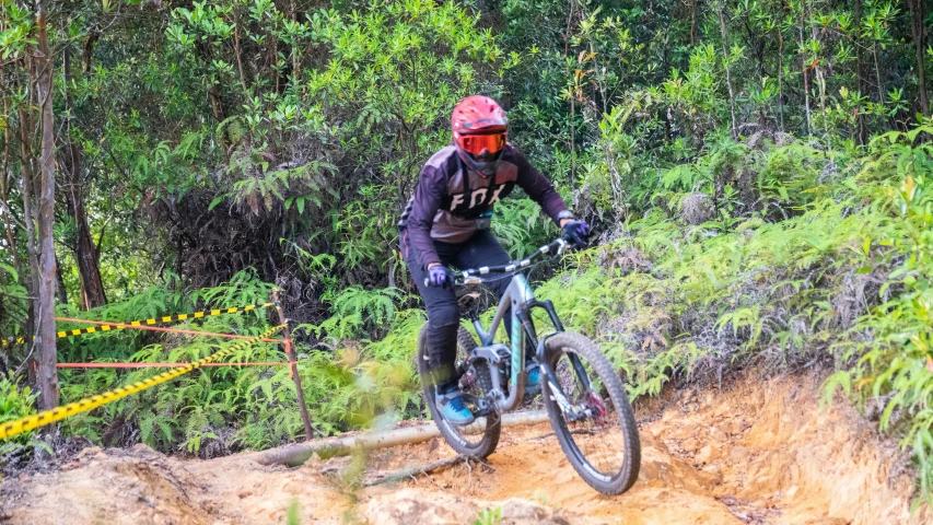 a man riding a bike down a dirt path in the woods