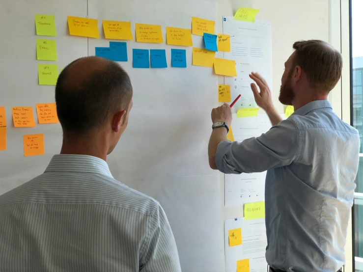 two people look at a board with yellow sticky notes on it