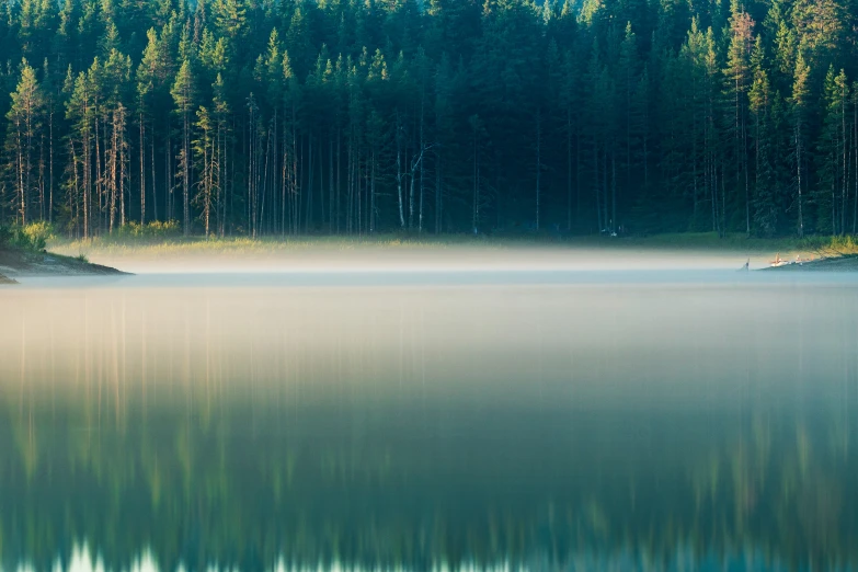 a lake with some fog in the middle