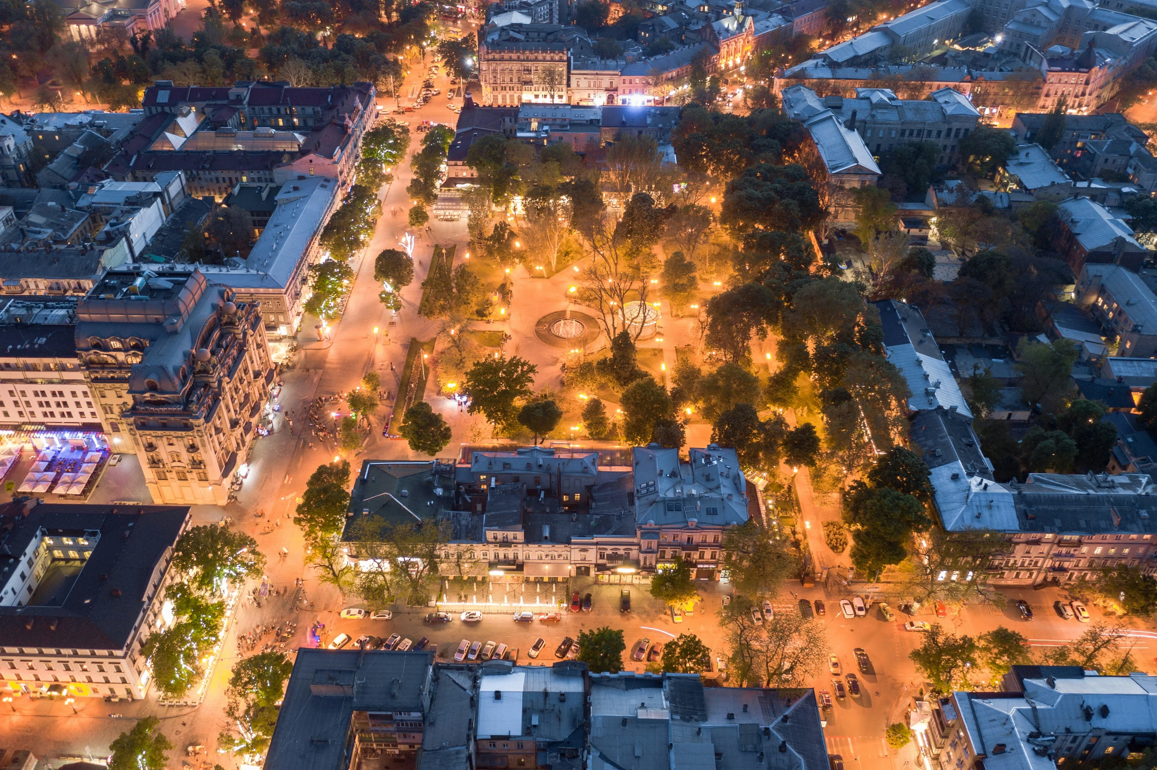 a city skyline is seen from an aerial view