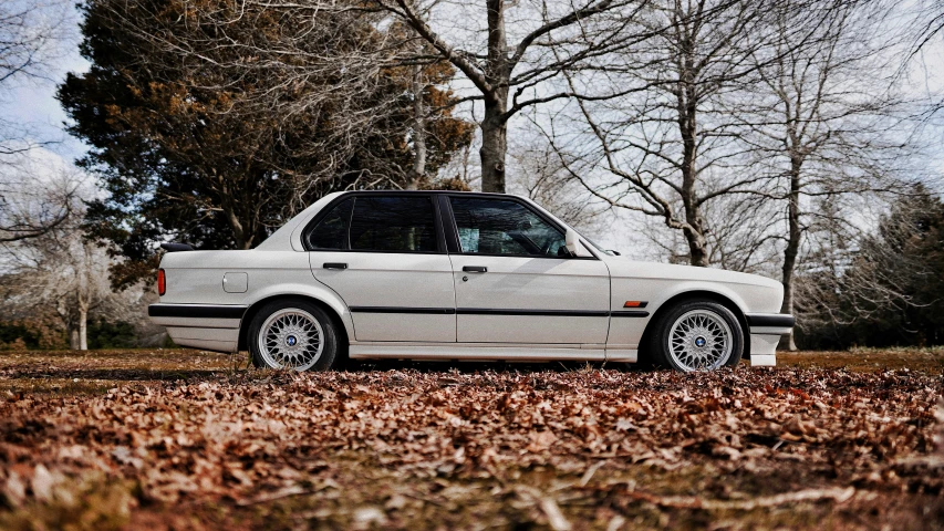 an image of a car in the fall leaves