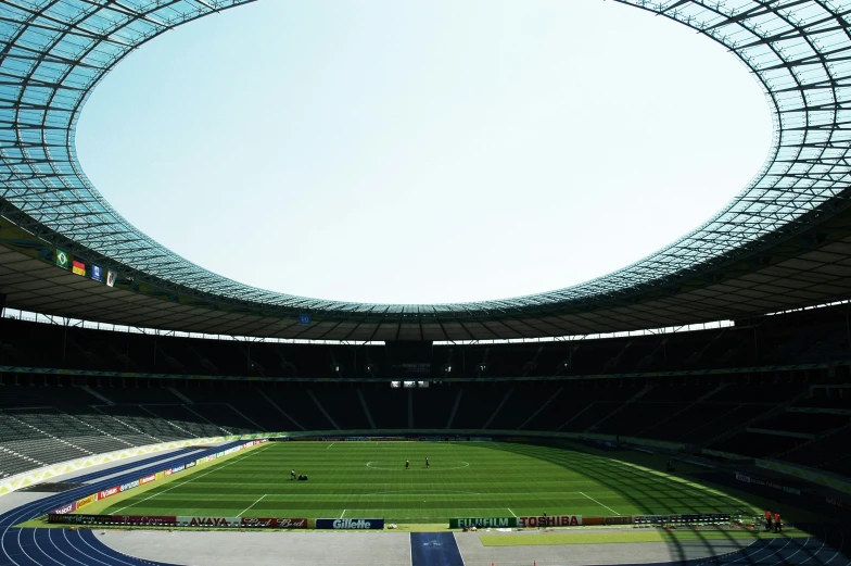 the view of a soccer stadium from underneath