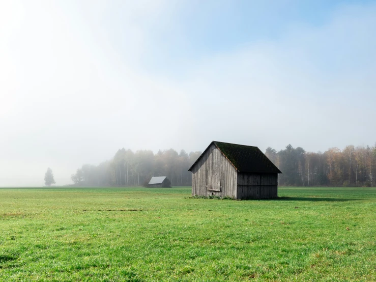 two old barns in the fog outside of a field