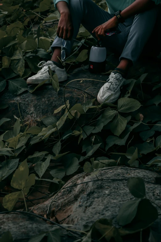 the person is sitting on a large rock with leaves