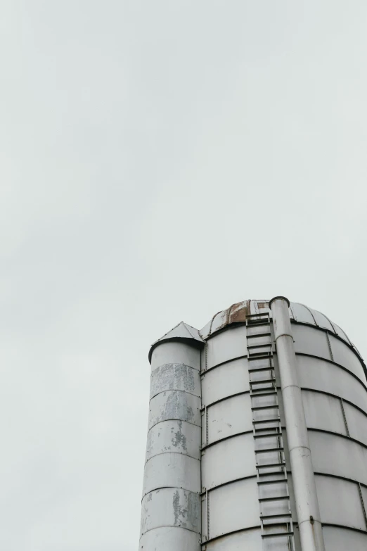 there is a clock tower with a ladder up in the air