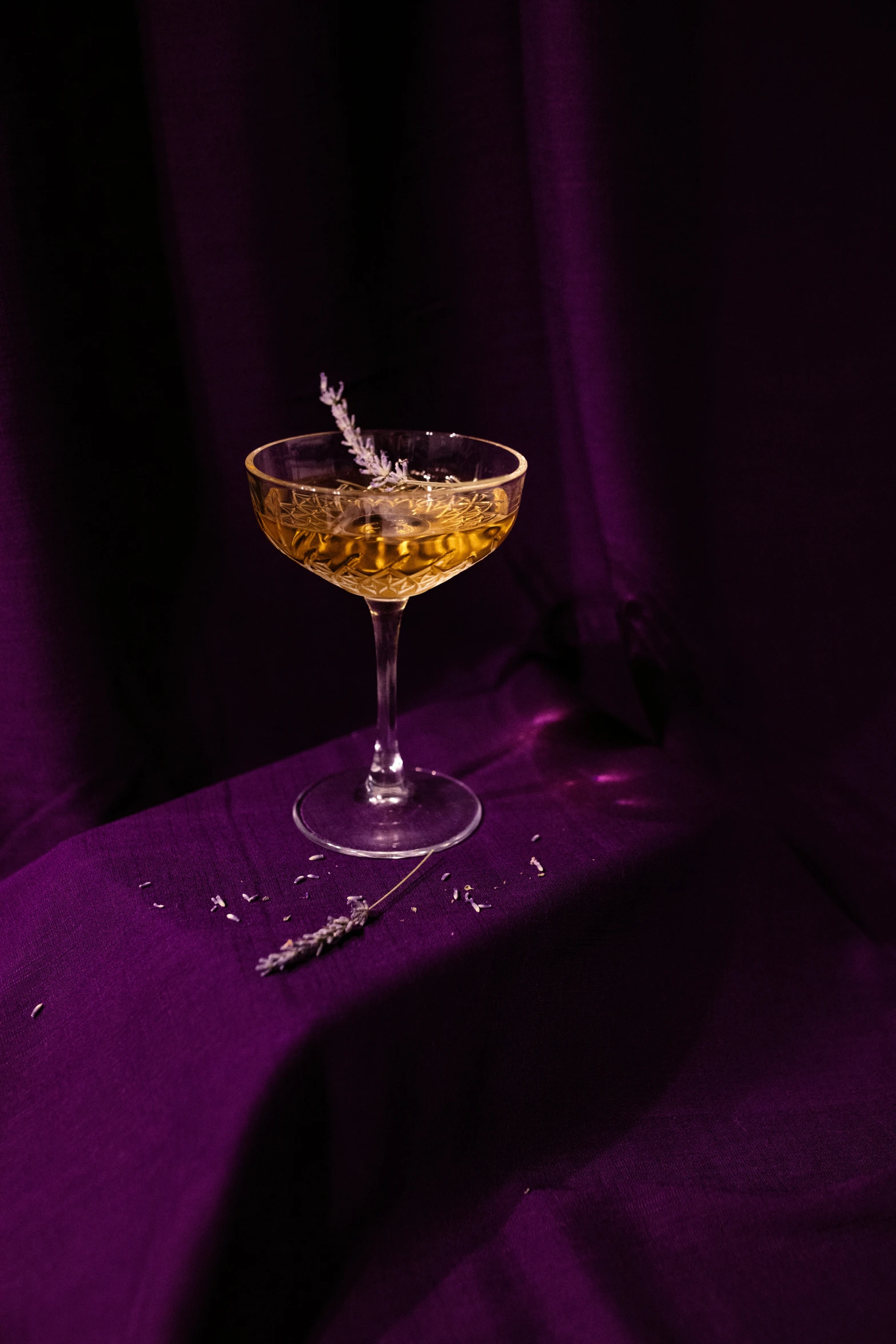 a purple background, with an elegant cocktail in a coupe glass and a crystal stopper