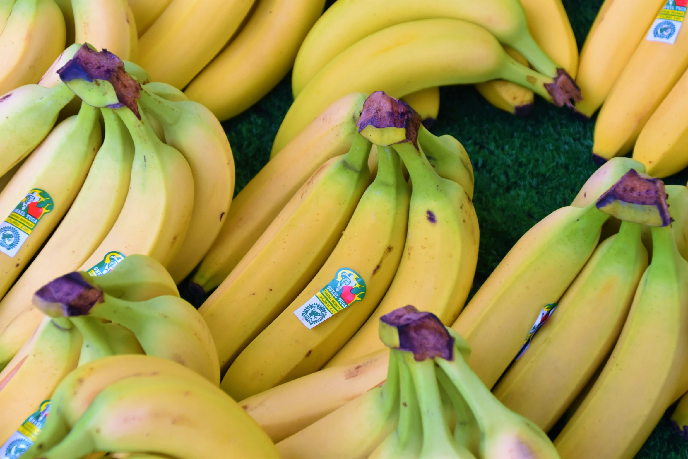 bunches of bananas with stickers on them are stacked together