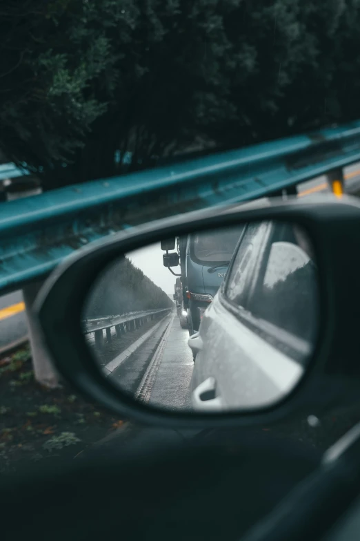 a mirror reflects a picture of the view out of a car window