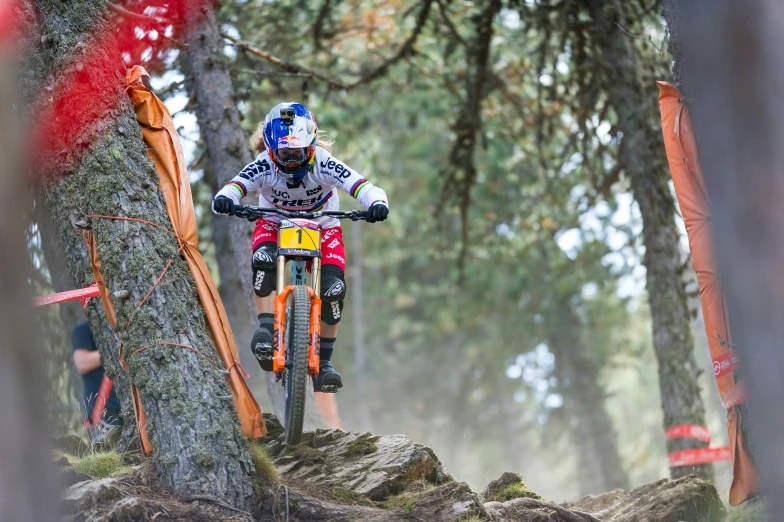 a person is riding a mountain bike in the woods