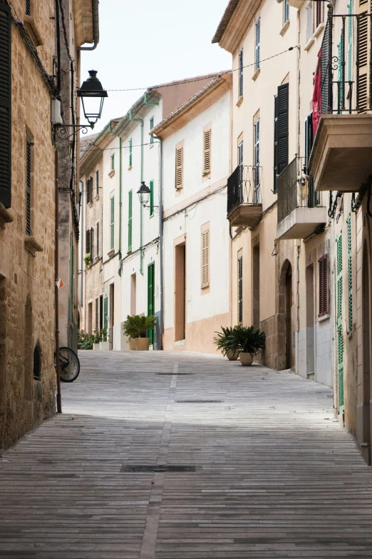 an alley between two buildings with green shutters