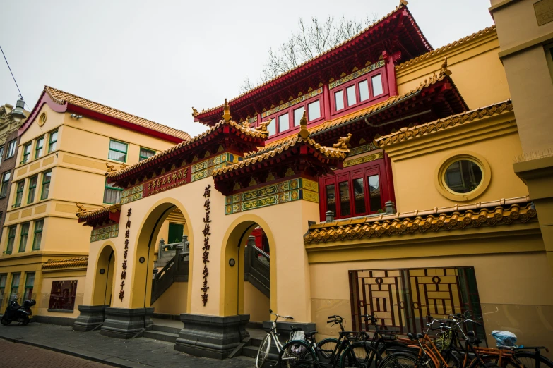 an old building with red and gold decorations