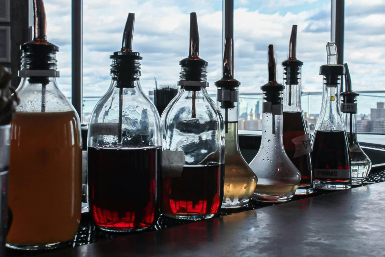 some kind of glass bottles on a table