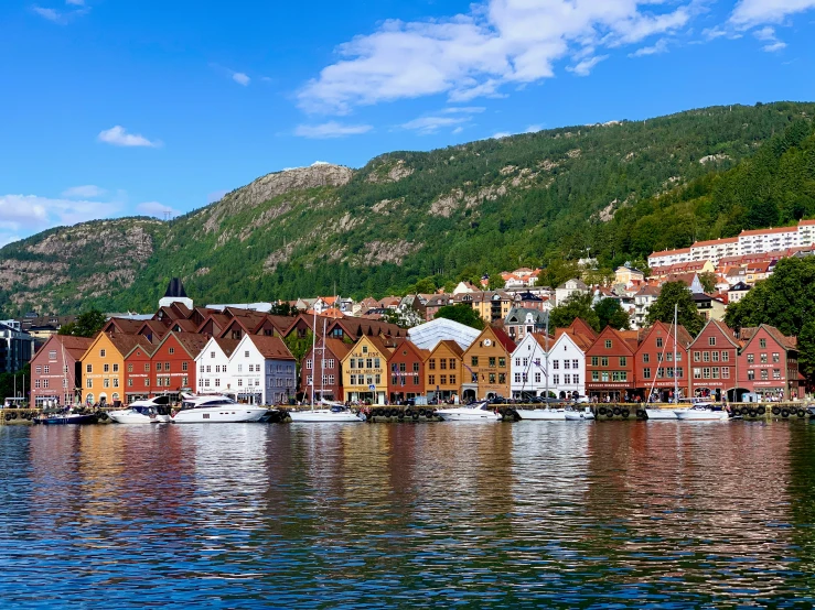 boats float on the water in front of houses on a mountain side