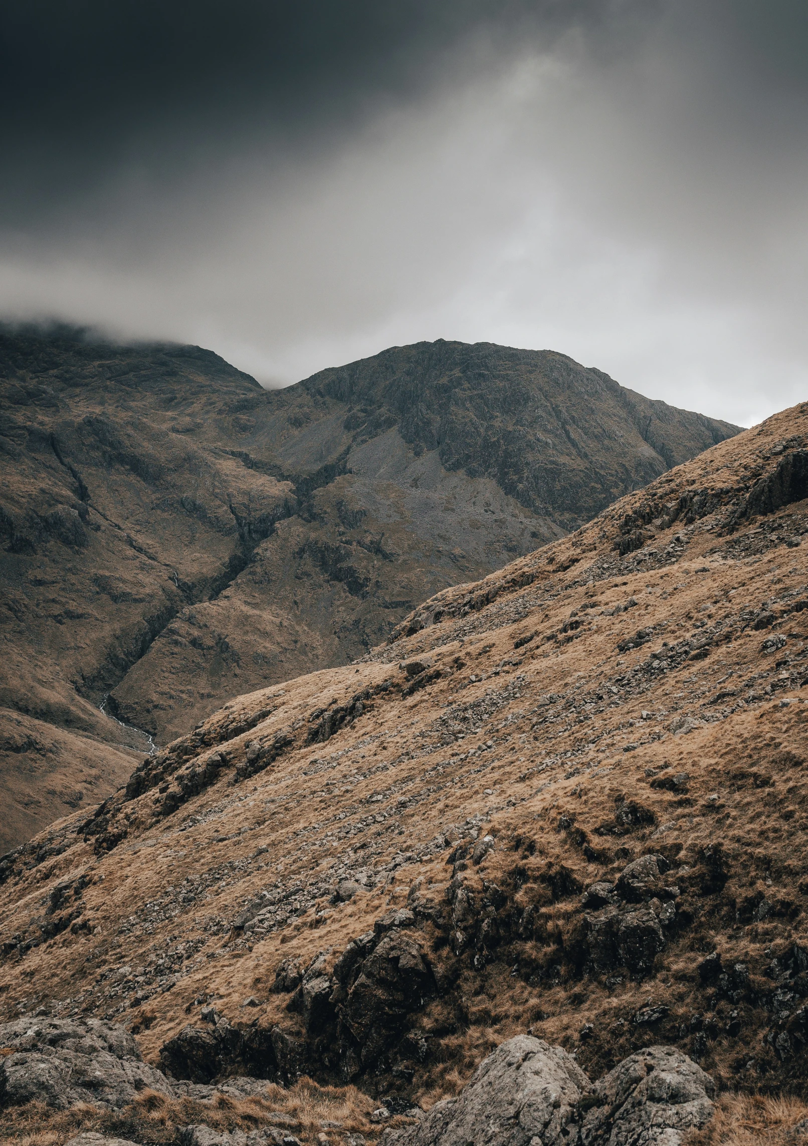 a brown mountainside with rocks and grass