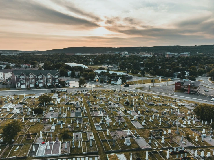 the view from above looking down at a cemetery