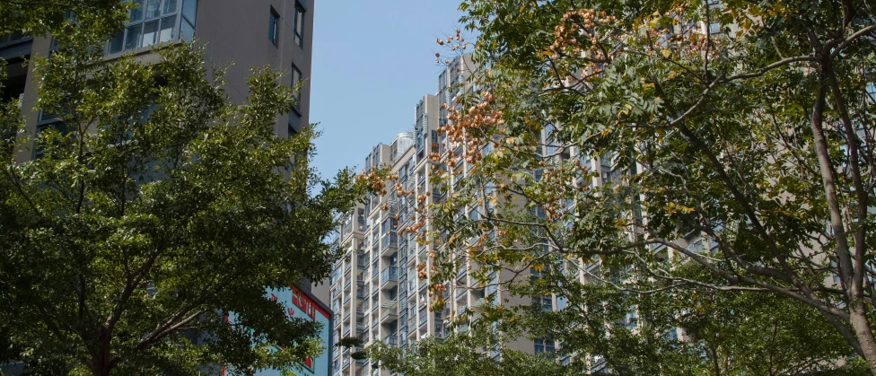 the building has many windows near the trees