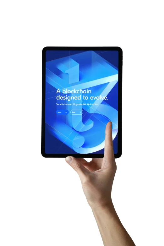 a tablet computer with an image of a blue logo on it