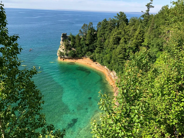 a blue lake surrounded by trees and the ocean