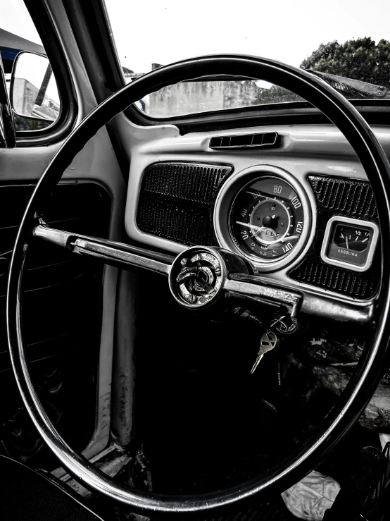 a steering wheel in a black and white po