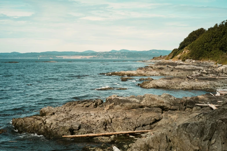 the view of a rocky shoreline and the ocean