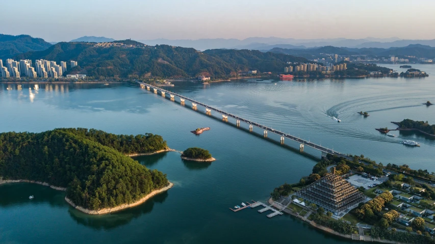 an aerial s of a bridge on water