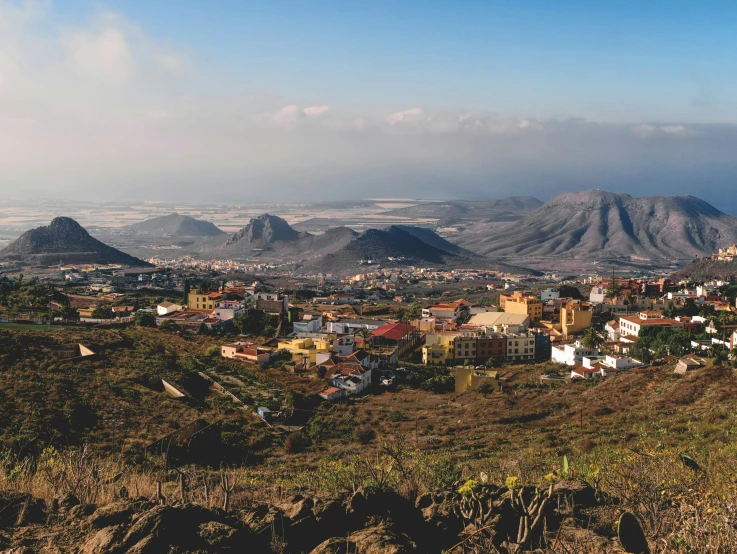 an aerial s of a village surrounded by hills