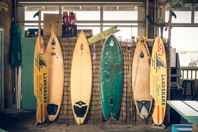 several surf boards lined up against a wall