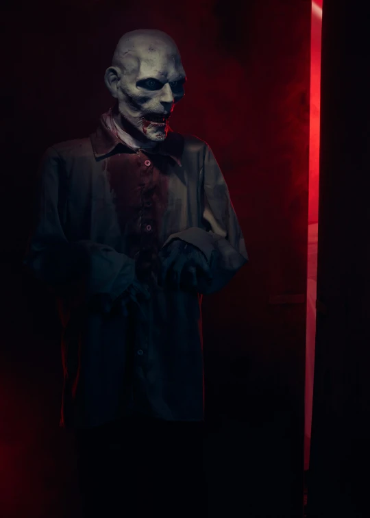 a scary man standing in the doorway with the light on