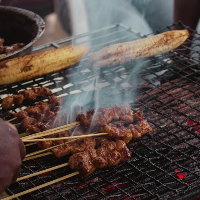 meat on the skewers are cooking over the coal