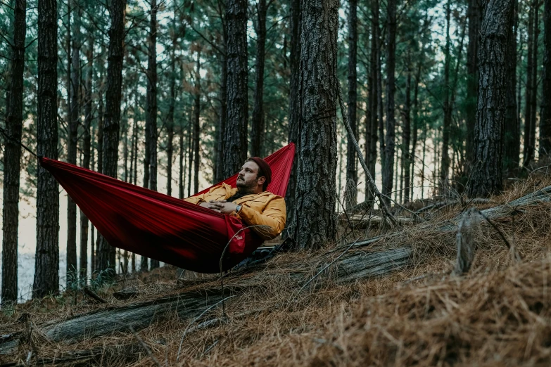 a person resting in a hammock between some trees