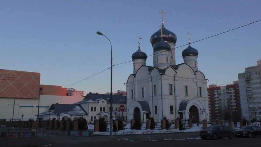 there is a building that has domes on it