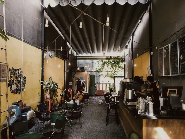 the inside of an indoor cafe has many tables