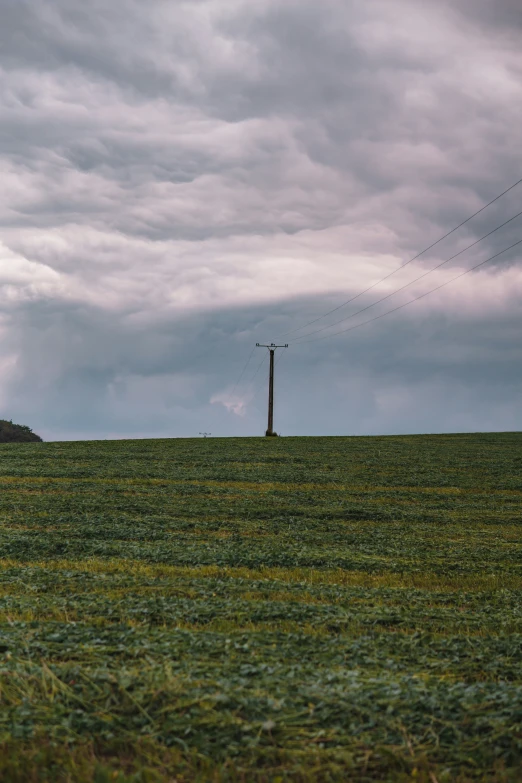 a lone light pole on an open field with a telephone pole and dark clouds