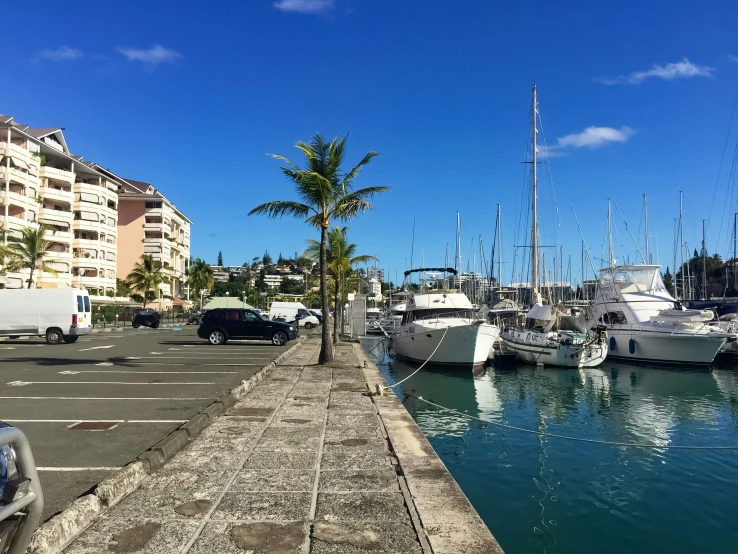 several white boats parked next to each other near some buildings