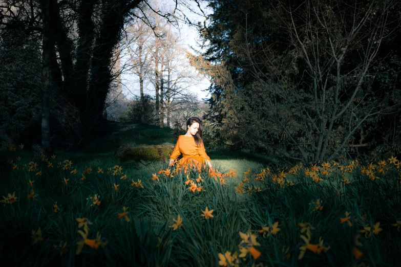 there is a woman sitting in a field of flowers