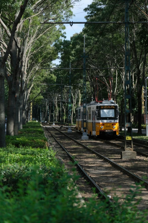 the train is travelling down the railroad tracks