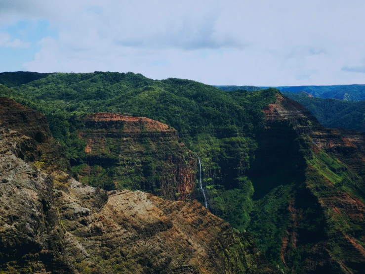 an aerial view of the cliffs of a lush green mountain