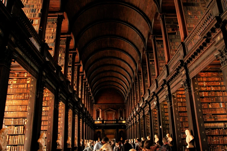 the long building features an intricate ceiling made of wooden bookshelves