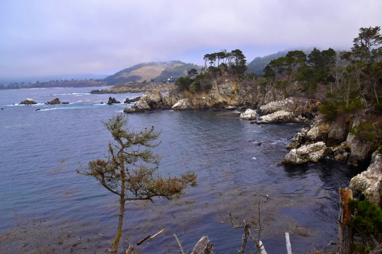 a body of water with small rock formations near it