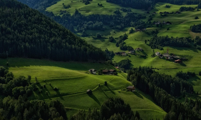 a lush valley surrounded by mountains covered in grass