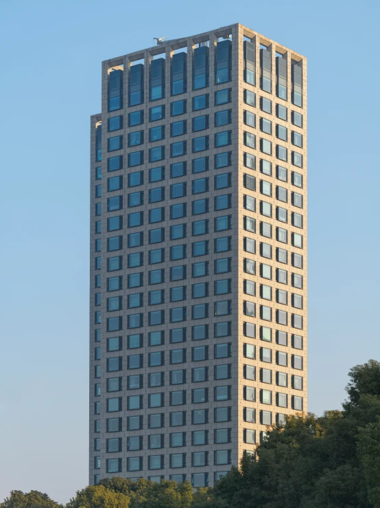 an extremely tall building stands next to some trees