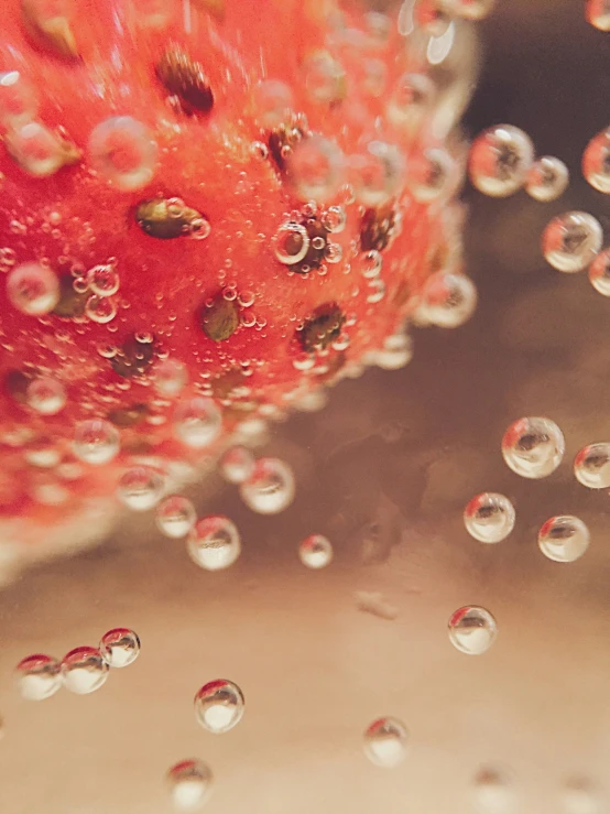 water droplets on a strawberry as it sits upside down