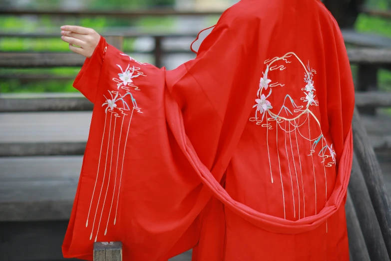 an asian lady in a red kimono looking into the distance