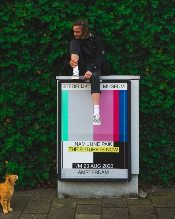 a man on top of a television with a cat