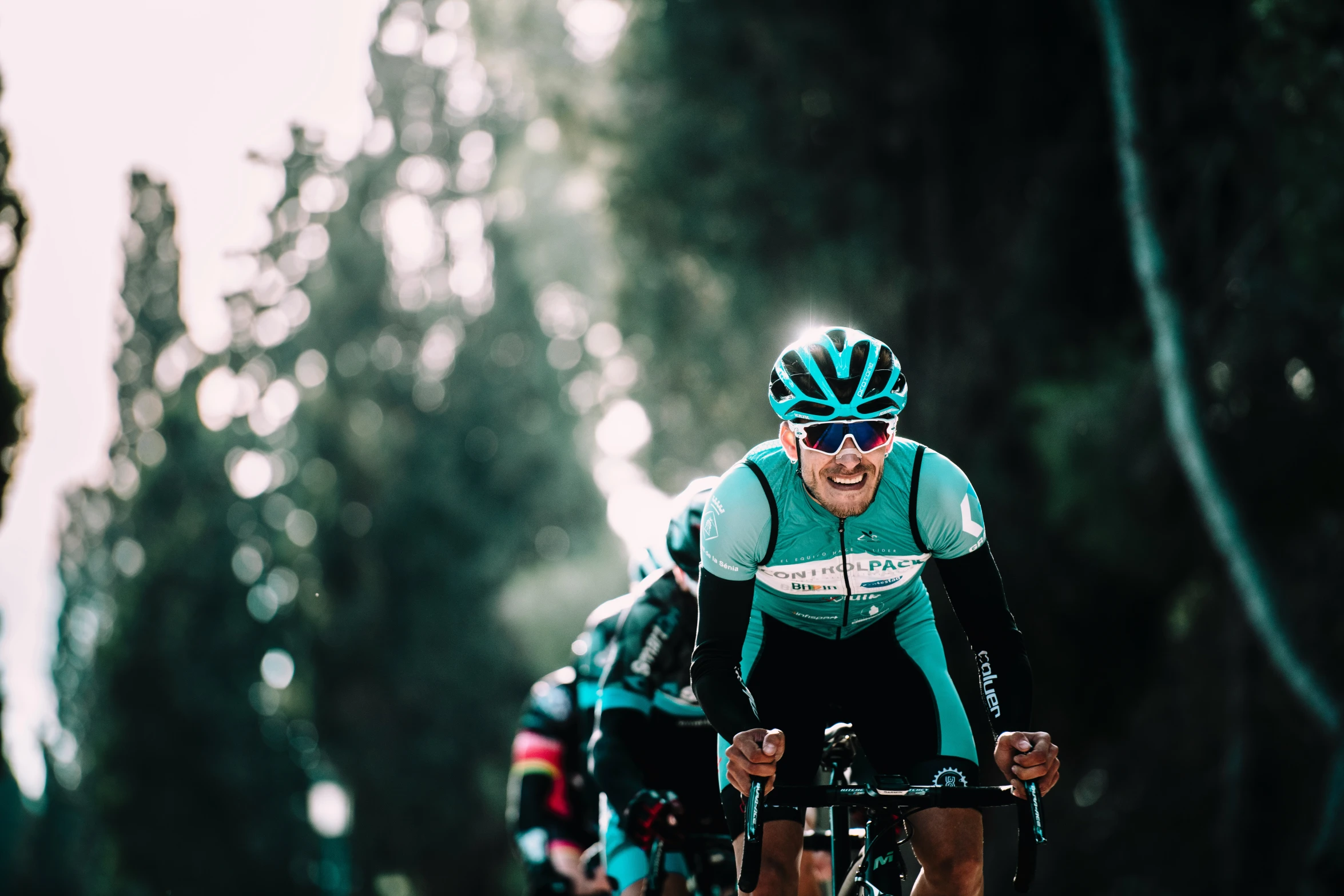 two bicyclists racing along a forest trail